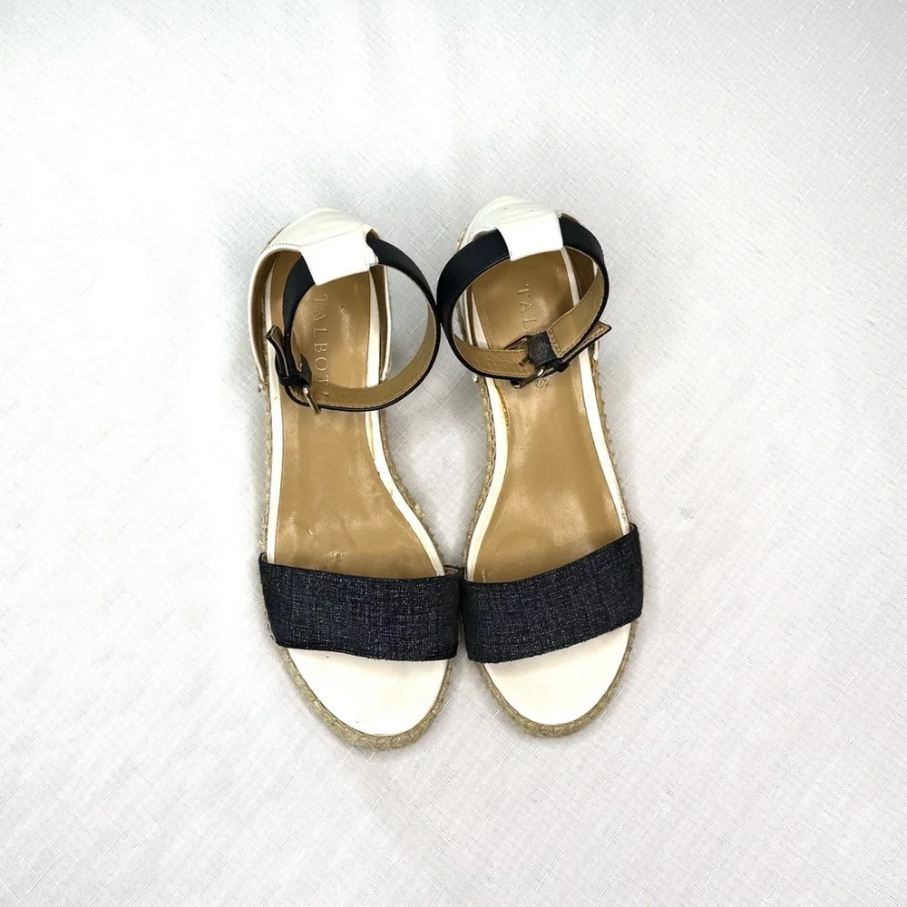 Talbots Navy White Espadrille Sandals with Ankle Strap Leather Canvas Size 6.5